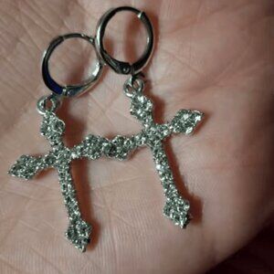 Sparkling Rhinestone Cross Hoop Earrings - Silver Statement Jewelry